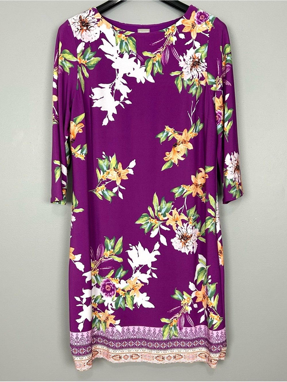 Chico’s Floral Jersey Knit Sheath Dress Women’s Size L Colorful Boat Neck Purple